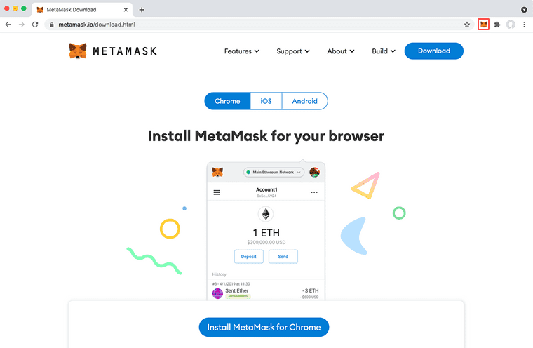 Once you've installed MetaMask, click the browser extension icon (it's an illustrated fox) to get started.