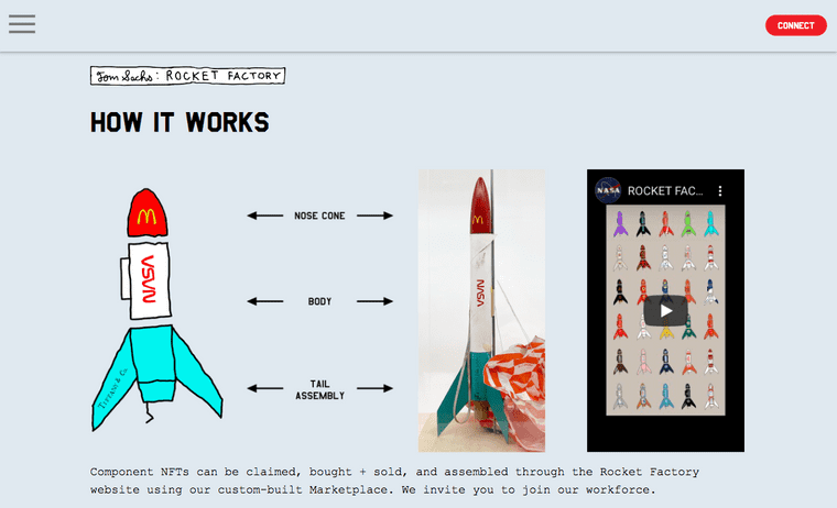 Tom Sach's Rocket Factory released rockets broken into 3 parts (nose cone, body and tail assembly) as NFTs for collectors to assemble.